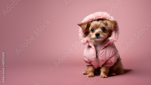 Little dog in a fashionable pink jacket with a hood on pink background