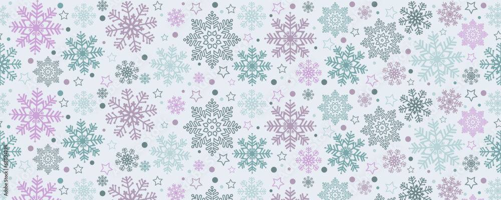 Beautiful Christmas seamless pattern. Multi-colored various snowflakes with amazing ornaments on a white background. New Year seamless background for design of card, poster, banner or cover. Beautiful Christmas seamless pattern. Multi-colored various snowflakes with amazing ornaments on a white background. New Year seamless background for design of card, poster, banner or cover.