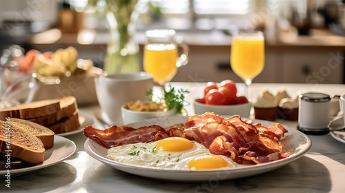 Fried bacon, scrambled eggs and a mug of coffee on the table. Breakfast. Menu.