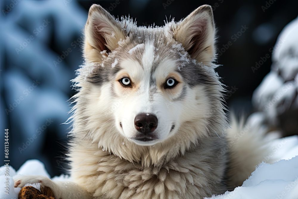 West Siberian Husky on a winter nature, ai art