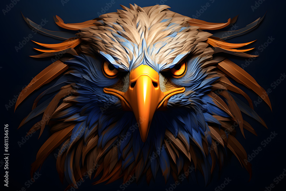 Eagle head 3d art in style of dark yellow and dark blue colors