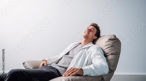 hombre joven relajado y sonriente, echado en un sofá y aislado en un fondo blanco  photo