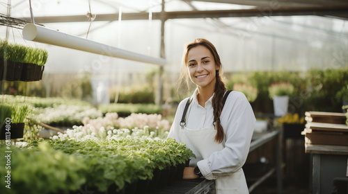 A cute lady with white apron standing and smiling in front of a green house nursery pots  photo