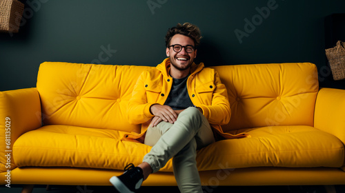 hombre joven con lentes y sonriente sentado, con las piernas cruzadas, sentado en un living amarillo  photo