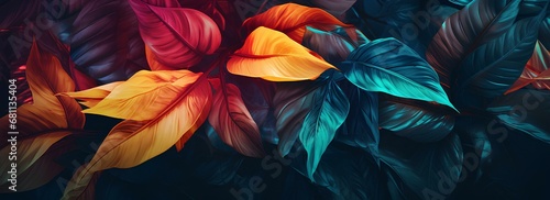 Tropical plants  flowers and leaves  Background with colorful leaves  nature  bright tones and rich colors.