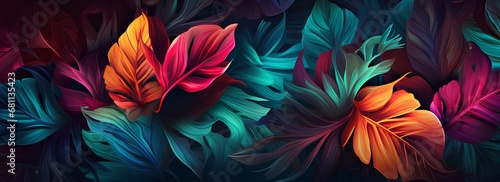 Tropical plants, flowers and leaves, Background with colorful leaves, nature, bright tones and rich colors.