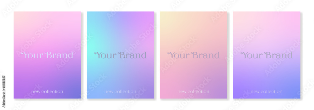 Set of 4 modern cover templates with colorful gradient backgrounds in soft pastel colors. For brochures, booklets, catalogues, posters, branding, social media, business cards and other projects. .