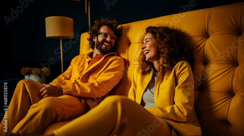 hombre con barba y mujer sonrientes amigos, vestidos de color amarillo sentados en un sofá  photo