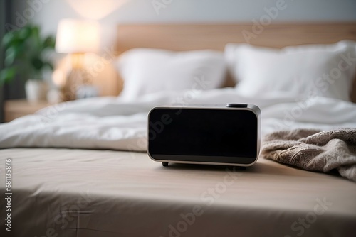 Digital alarm clock with a blank screen in a blurred bedroom background, generative AI