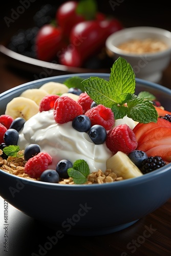 A bowl with natural yogurt  granola and fresh fruits and berries. Delicious and healthy breakfast.