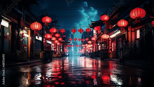 A Serene Night Scene with Mysterious Red Lanterns Hanging on a Dimly Lit Street