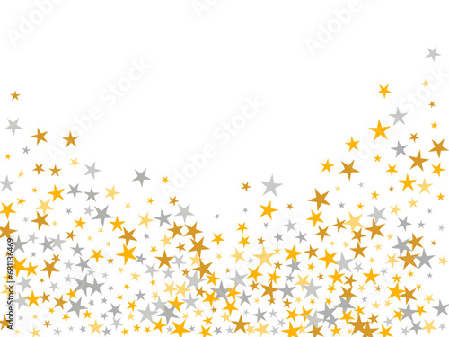 Fashionable silver and gold stars random vector background. Little starburst spangles holiday decoration particles. Cartoon stars random backdrop. Sparkle confetti explosion.