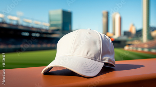 gorra blanca mock up y de fondo una cancha deportiva  photo