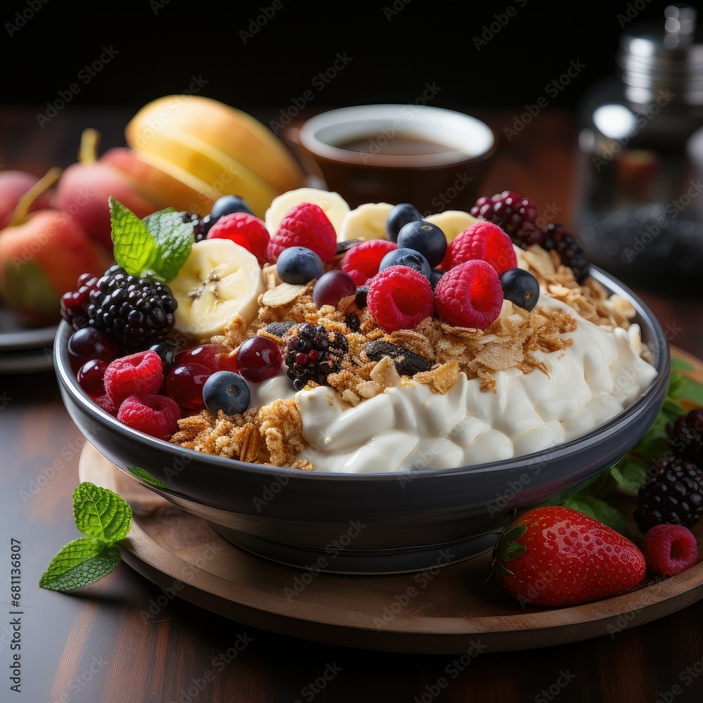 A bowl with natural yogurt, granola and fresh fruits and berries. Delicious and healthy breakfast. A bowl with natural yogurt, granola and fresh fruits and berries. Delicious and healthy breakfast.