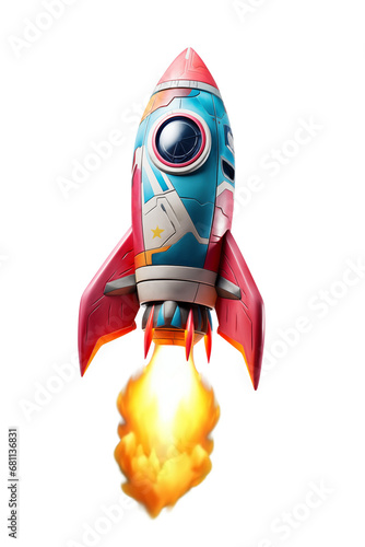 Launch of a red rocket isolated on clear PNG background, made of precious metal. Successful start concept.