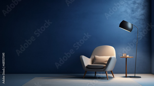 a dimly lit room with dark blue walls and cream colored carpet and a single white armchair in the corner A small round table and two floor lamps are in the center of the room photo