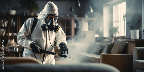 An extermination guy wearing a mask and a hazmat suit sprays poisonous gas on a house photo