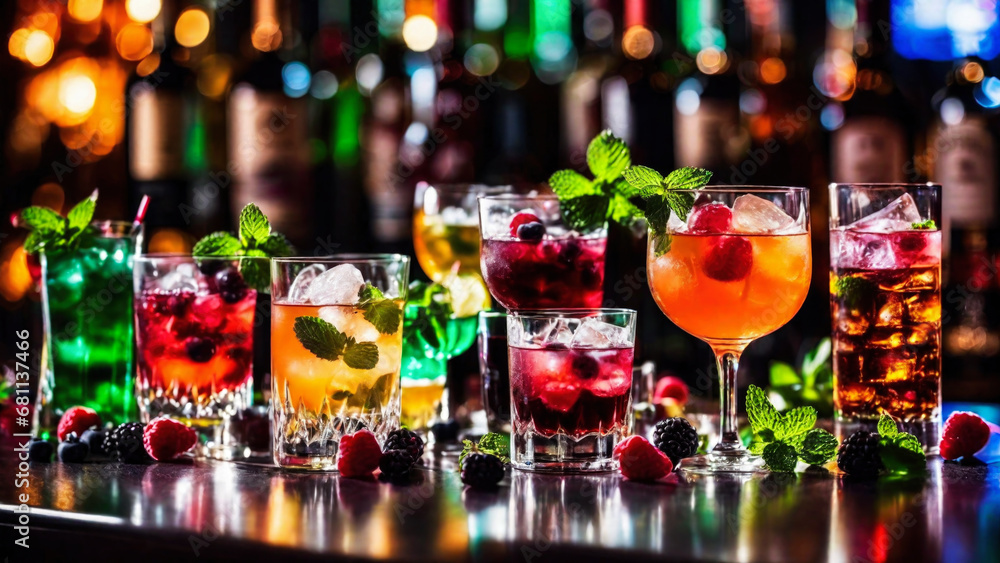 Many different refreshing colorful fruit cocktails with ice, lemon, mint and berries on a bar counter, night club party with soft drinks