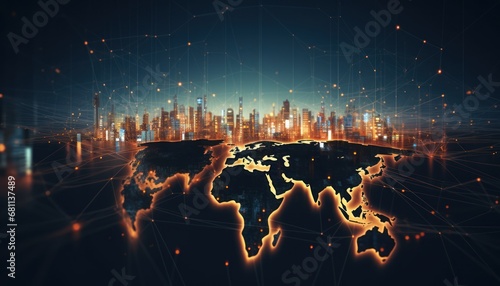  a digital image of a world map in the middle of the night with a cityscape in the background.
