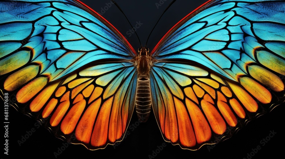 AI generated illustration of a vibrant butterfly with orange and blue wings - obrazy, fototapety, plakaty 