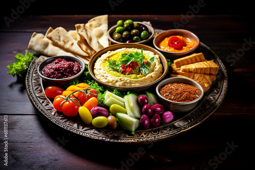Overhead view of mezze platter of hummus and pita bread surrounded by fresh tomatoes, olives, and vegan tzatziki photo