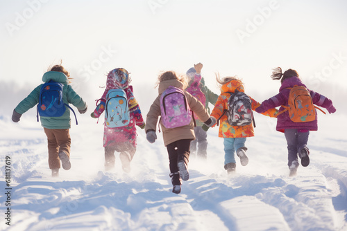 Elementary school children, with multi-colored backpacks, run in the school, rear view in winter