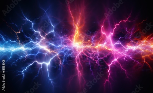 a spectacular and colorful image of pink and blue lightning on a dark background. The image is ideal for use in projects related to thunderstorms, electricity or energy.