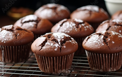 Freshly baked chocolate muffins sprinkled with powdered sugar