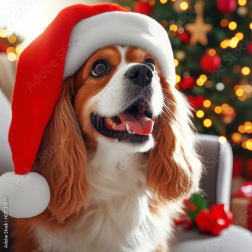 Merry Christmas and Happy New Year, Cheerful dog sitting in Santa Claus hat at home. ai generative