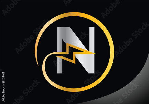 Letter N with lighting thunder bolt Logo Design Vector Template.