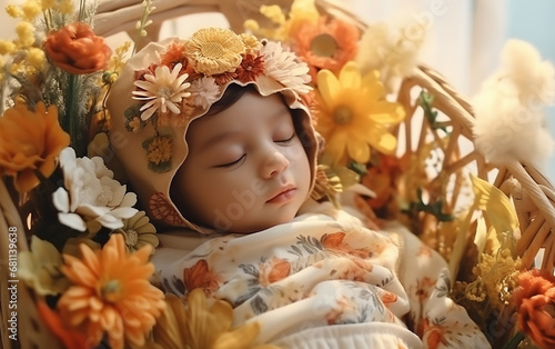 Newborn baby lying in a crib with flowers.