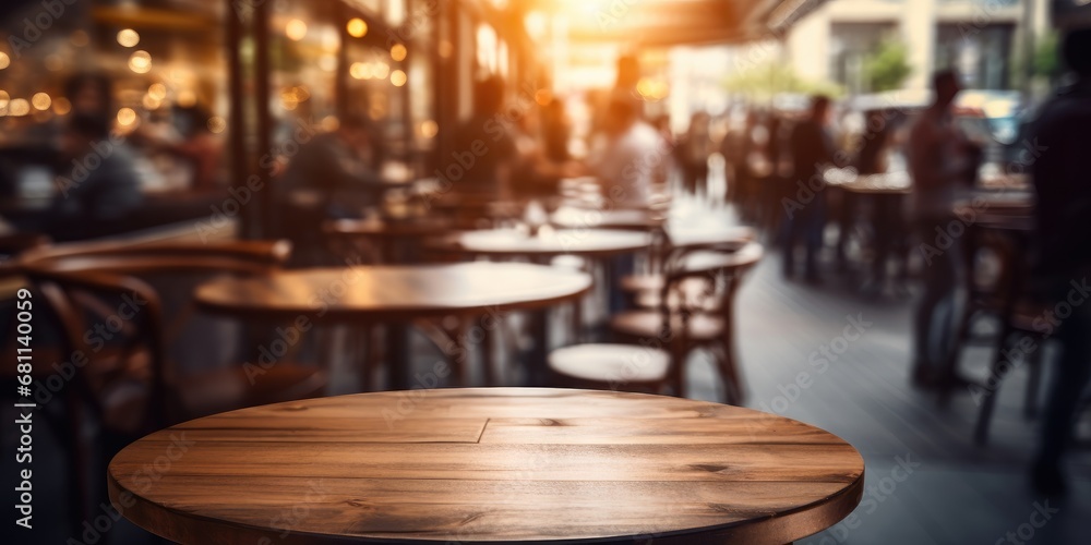Empty wooden at cafe with people blur background. For advertising. Generative AI Empty wooden at cafe with people blur background. For advertising. Generative AI
