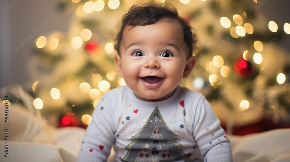 christmas happy little child smiling with a decorated Christmas tree in the background christmas happy little child smiling with a decorated Christmas tree in the background