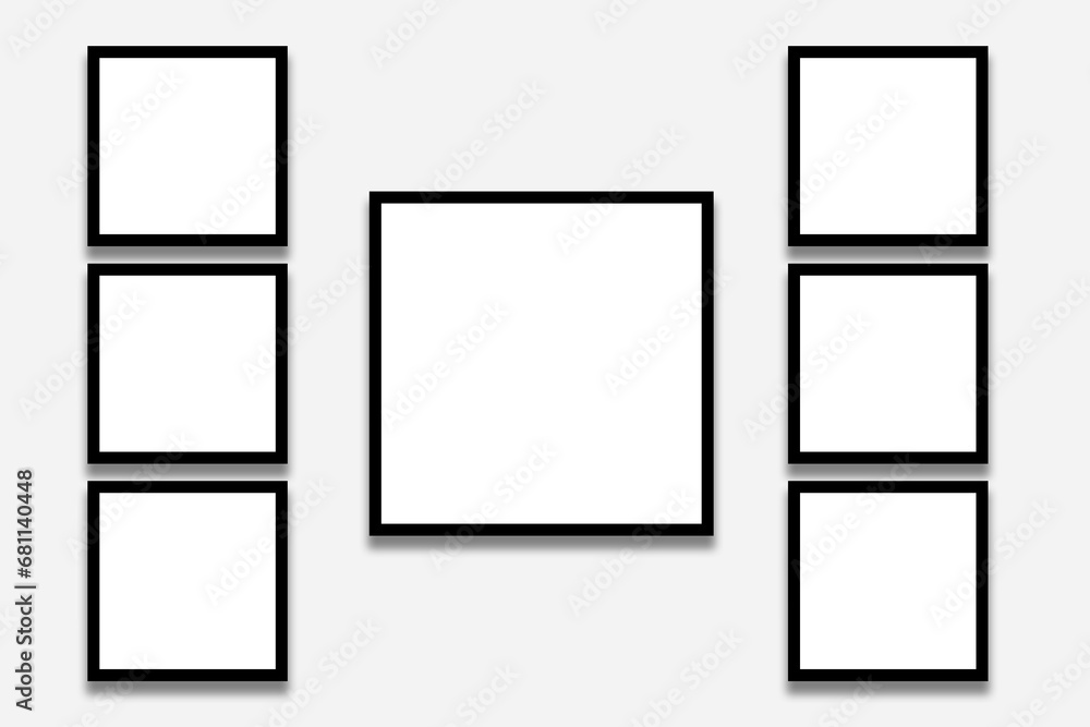 7 Blank white square photo frames with black borders in a creative layout. Used as a printable photo collage template or a mock up for album pictures or photographs collection in a gallery wall style. 7 Blank white square photo frames with black borders in a creative layout. Used as a printable photo collage template or a mock up for album pictures or photographs collection in a gallery wall style.