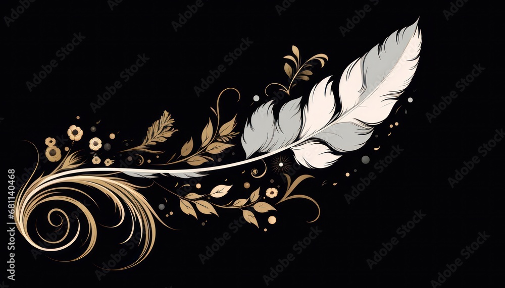 a black background with a white and gold feather and a swirly design on ...