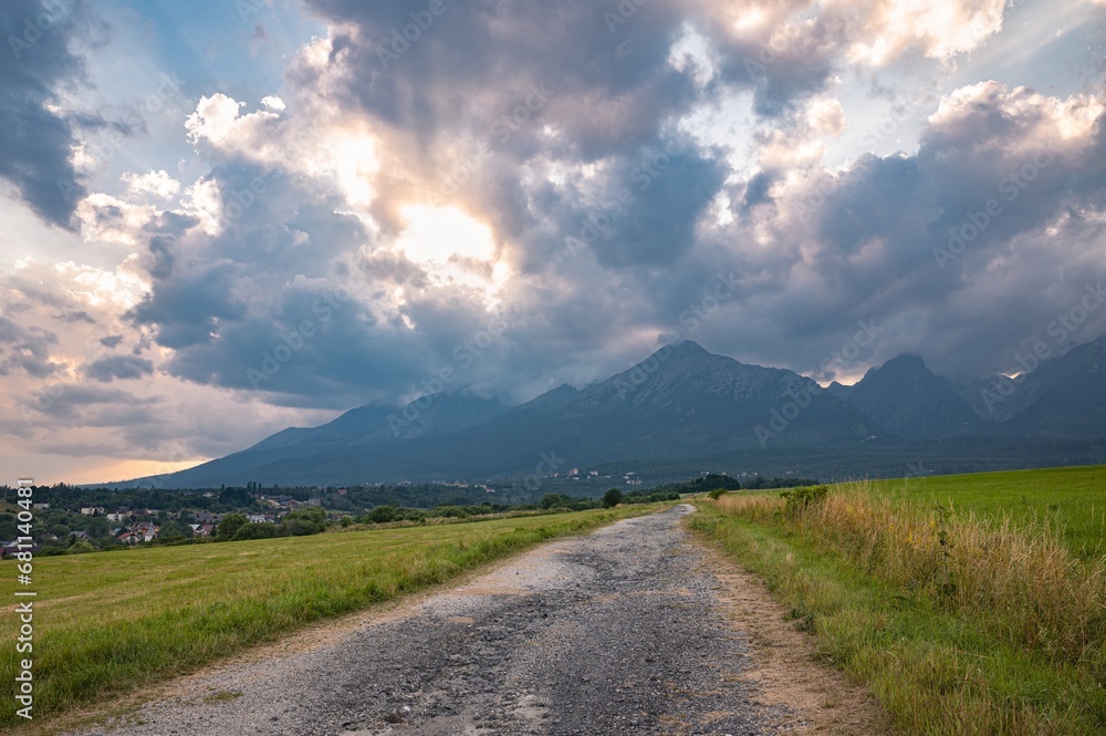 Road leading to the Tatra mountains, Slovakia at sundown