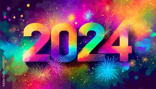 Greeting card Happy New Year 2024. Beautiful holiday web banner or billboard with Golden sparkling text 2024 written sparklers on festive blue background with fireworks