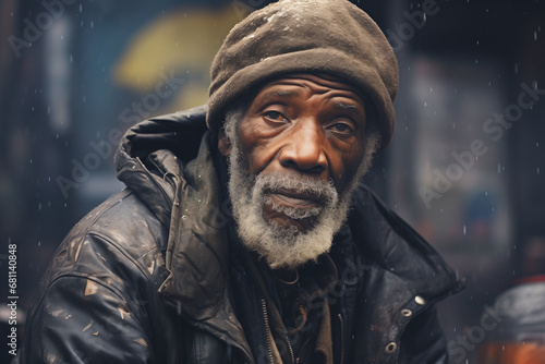 Portrait of homeless man sitting on street. Poverty, misery, bankruptcy, homelessness, crisis, social welfare concept © Nii_Anna