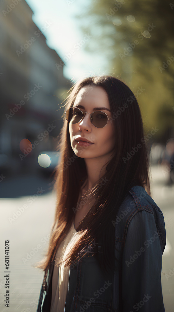 Young beautiful woman with long dark hair and sunglasses standing on the city street Young beautiful woman with long dark hair and sunglasses standing on the city street