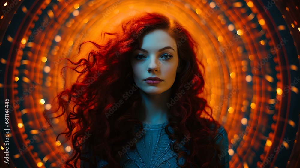 Φωτογραφία Fibonacci sequence and beauty, feminine, portrait of a lovely woman, long shiny hair, fine line details and concentric rings, curves, intricate patterns, vivid colors, blue, red, turquoise, orange