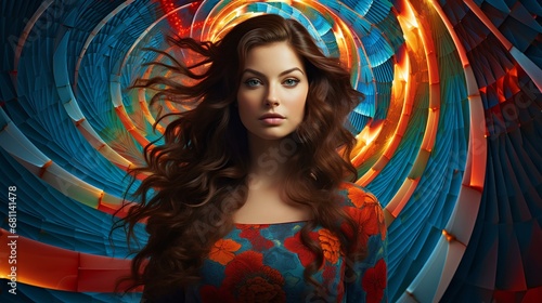 Fibonacci sequence and beauty, feminine, portrait of a lovely woman, long shiny hair, fine line details and concentric rings, curves, intricate patterns, vivid colors, blue, red, turquoise, orange.