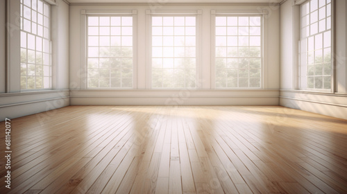 a cozy room with a hardwood floor and white walls and a large bay window letting in plenty of natural light