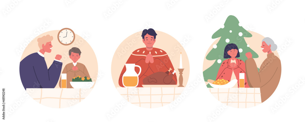 Isolated Round Icons of Family Characters Gathered Around Festive Table In Christmas Prayer Vector Illustration Isolated Round Icons of Family Characters Gathered Around Festive Table In Christmas Prayer Vector Illustration