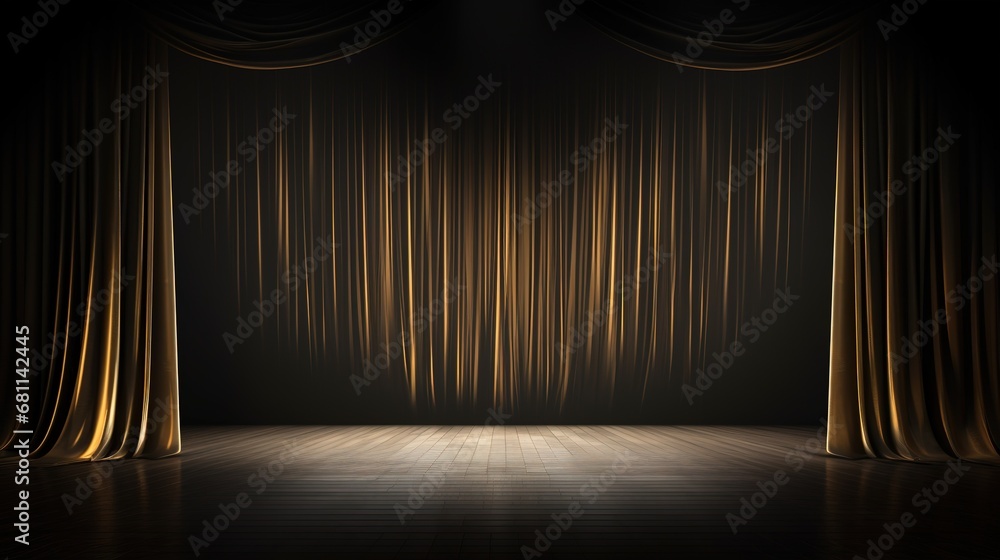 The empty background is a theater stage with black gold velvet curtains. Backstage under spotlights and spotlights. - obrazy, fototapety, plakaty 