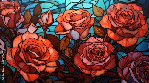 Stained glass canvas with bright bright red flowers, greenery and red, orange, roses.