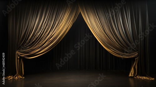 The empty background is a theater stage with black gold velvet curtains. Backstage under spotlights and spotlights.