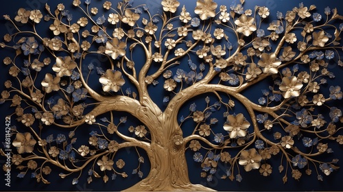 Elegant golden, majestic, royal flower tree with leaves and flowers, hanging branches, metal panel on a large blue wall. Part of the interior.