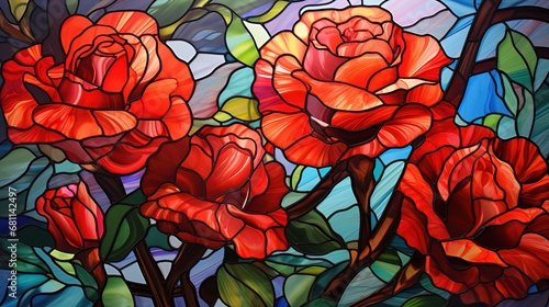 Stained glass canvas with bright bright red flowers, greenery and red, orange, roses.