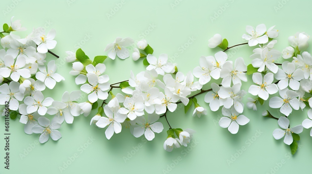 Banner with white apple tree flowers on a light green background. Card template for wedding, mother's day or women's day on March 8th. Spring composition with free space.