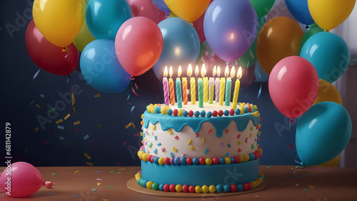 Bright birthday balloons set against a colorful backdrop, accompanied by a festive cake adorned with candles